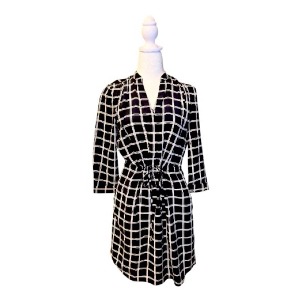 Diane Von Furstenberg 100% Silk Freya Shirt Dress In Black And White Windowpane
